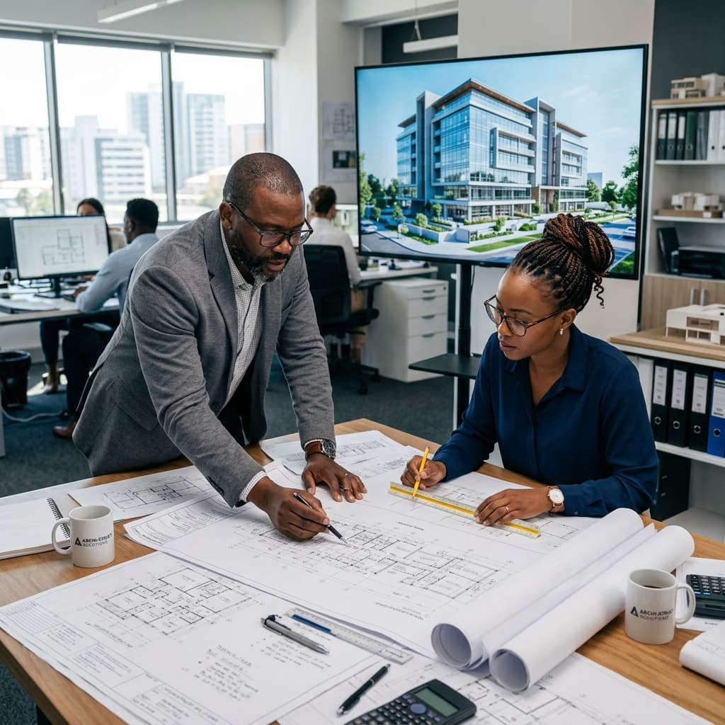 Architect and engineer reviewing building blueprints