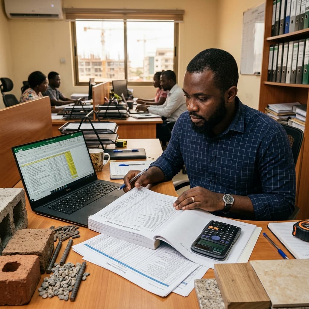 Quantity surveyor reviewing cost documents and spreadsheets