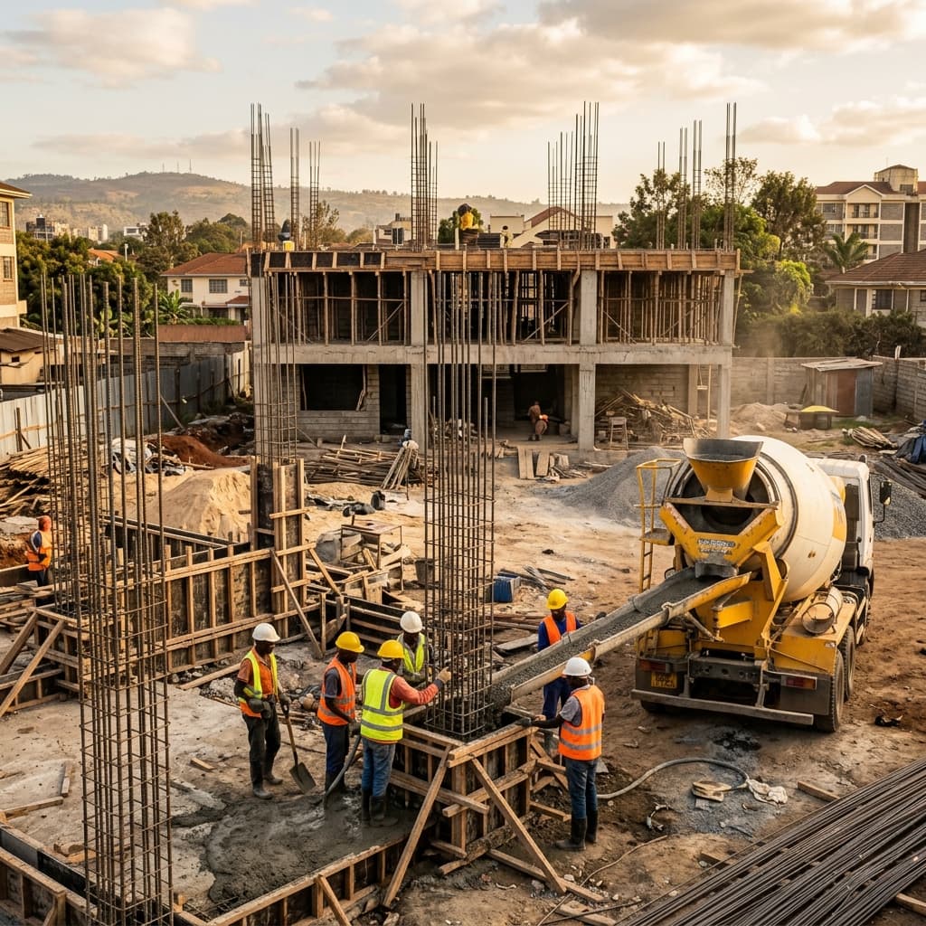 Workers pouring concrete on an active Nairobi construction site