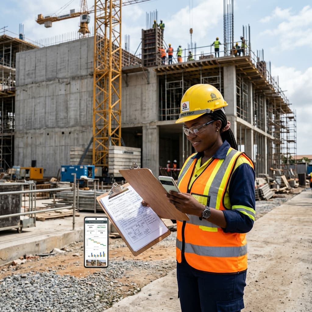 Project manager reviewing milestone checklist at construction site